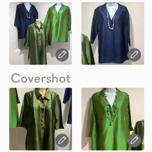 VTG VENEZIA RAW SILK BUTTON DOWN SHORT SLEEVE TUNIC DARK 🫒 GREEN NEVER WORN TOP